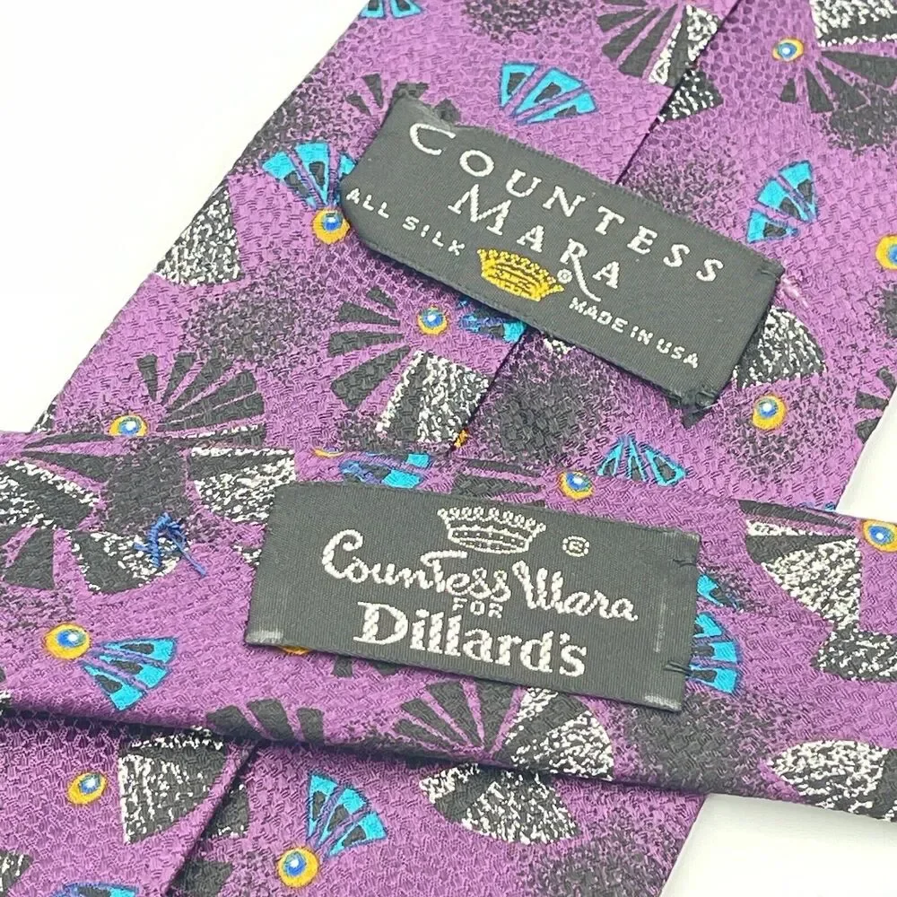 Countess Mara 100% Silk Neck Tie Vintage Novelty Feather Peacock Fan Purple